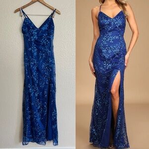 Blissful Blossoms Royal Blue Sequin Backless Maxi Dress